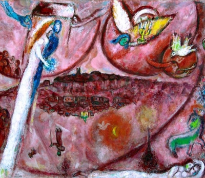 Marc Chagall - Il Cantico dei Cantici III 1960. Il Ritorno della Terra Promessa. La coppia sale verso l’alto nella direzione indicata da un angelo che porta la luce, nella parte centrale due città (il mondo materiale e quello spirituale). Nella città capovolta vi è una cupola con croce ed un pellegrino.