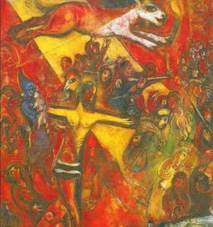 Chagall 1937-1948. Nell’opera di Chagall, il potere genera distruzione (un gruppo di militari che sparano sulla folla, di cui il militare al centro, tocca un animale con la torcia, simbolo di potere). Il potere che imprigiona il popolo e crea sofferenza e immenso dolore.