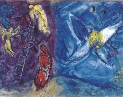 La Vittoria del Profetismo, il momento di incontro e Presenza della Grande Luce per poterlo vincere e rendere il mondo veramente amico, amante.  L&#039;armonia con il &quot;Doppio&quot;, dona spirito a chi è &quot;povero di spirito&quot; è stanco di combattere la sfida di vittoria contro i potenti.  Foto in alto, Opera di Marc Chagall: Il Sogno di Giacobbe (1960-1966). Il dipinto si divide in due parti, a sinistra Giacobbe sogna una scala con angeli che scendono, simbolo di Provvidenza Divina; a destra: l’Angelo che porta la LUCE.  «Giacobbe fece un sogno: una scala poggiava sulla terra, mentre la sua cima raggiungeva il cielo; ed ecco, gli angeli di Dio salivano e scendevano su di essa. » (Gen 28, 10-12). Foto in basso opera di Marc Chagall 1960-1966. La Lotta di Giacobbe con l&#039;Angelo.  All&#039;improvviso un uomo si avvicina furtivamente a Giacobbe e lo afferra per le spalle. Per non farsi sopraffare comincia a lottare accanitamente con quell&#039;ombra. La lotta dura fino allo spuntare dell&#039;aurora. L&#039;uomo disse: «Lasciami andare, perché spunta l&#039;alba». E Giacobbe: «Non ti lascerò andare prima che tu mi abbia benedetto!» L&#039;altro gli disse: «Qual è il tuo nome?» Ed egli rispose: «Giacobbe». Quello disse: «Il tuo nome non sarà più Giacobbe, perché hai combattuto con Dio e con gli uomini ed hai vinto.» (Genesi 32, 24-31). Conoscere il nome di una persona (nella mentalità biblica) significa conoscere la realtà più profonda dell’individuo, in quanto il &quot;nome&quot; ne svela il segreto e il destino.